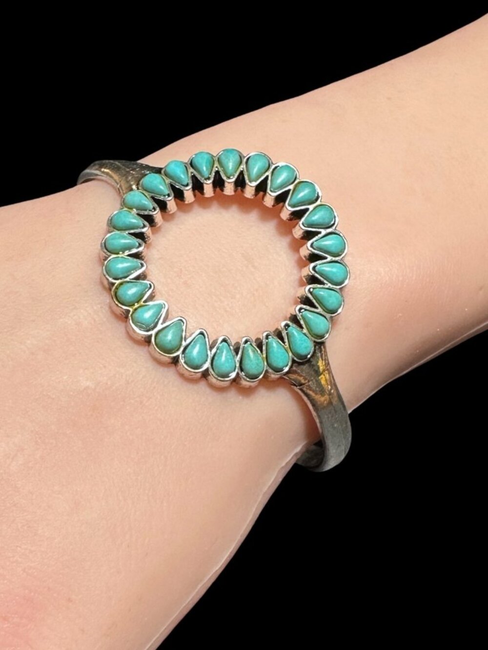 Southwestern Style Cuff Bracelet Silver Tone Blue Faux Turquoise Womens Jewelry - Picture 2 of 6